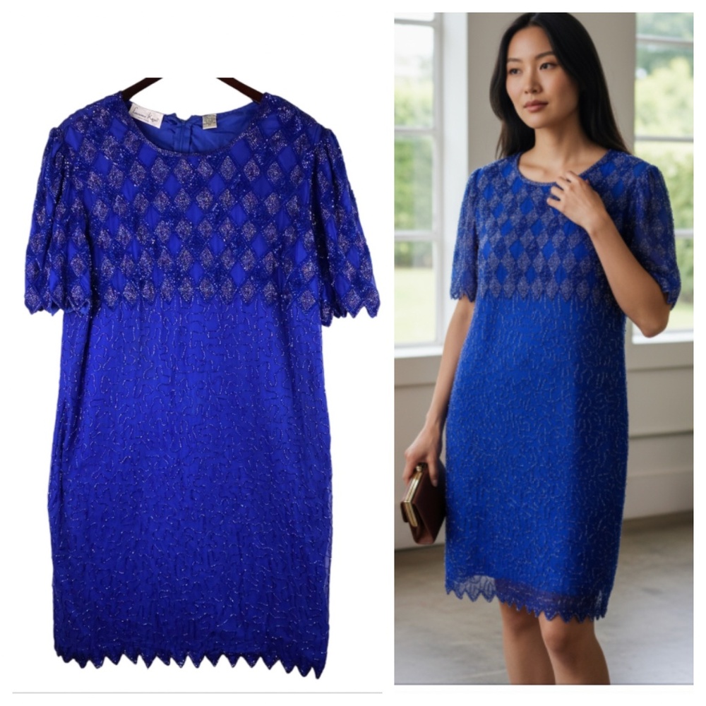 Vtg Laurence Kazar Sz 2X 18 20 Dress Blue SILK Beaded Evening Party Holiday